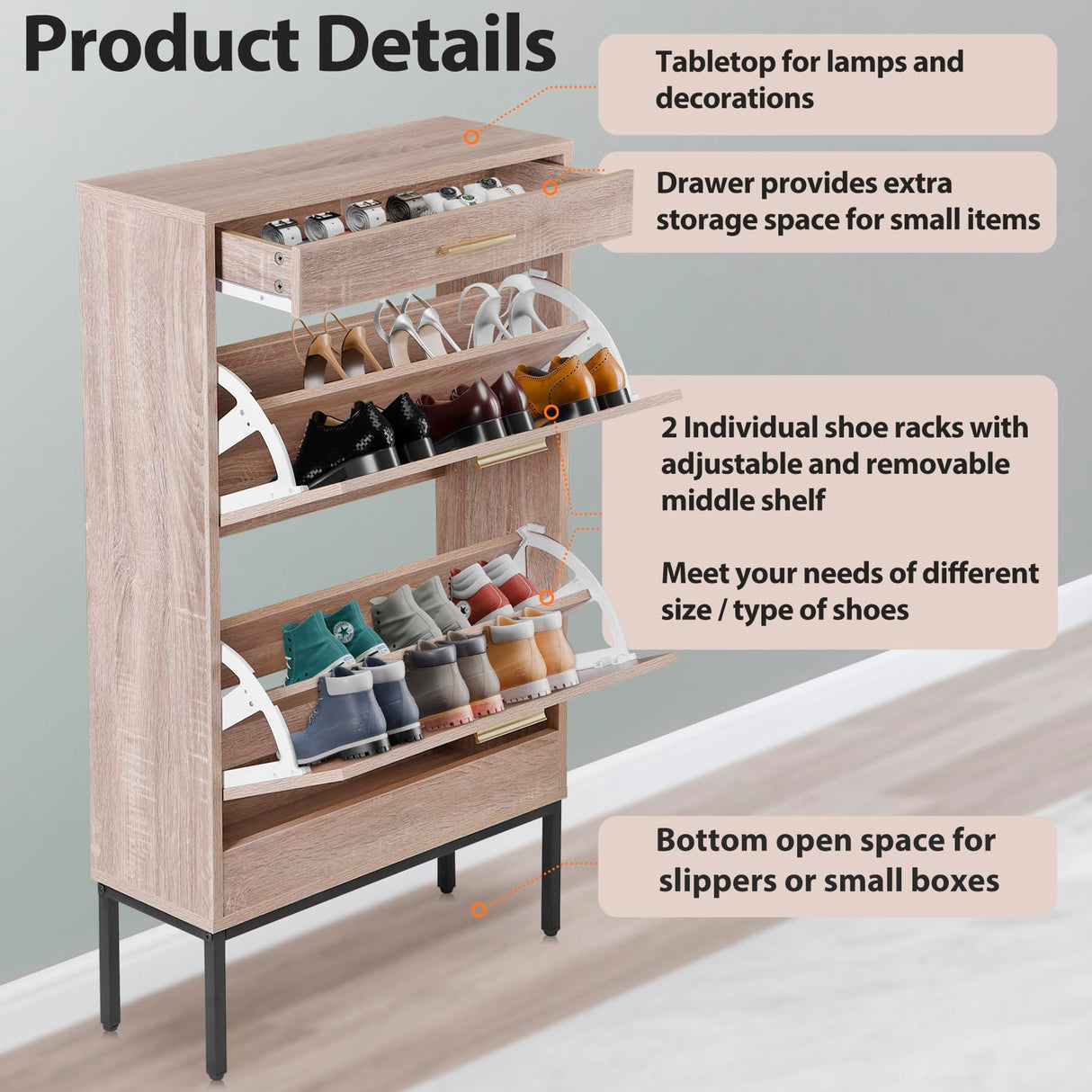 Nouva Rattan Shoe Cabinet - Freestanding Shoe Storage w/ 2 Flip Drawers & 1 Drawer, Narrow Shoe Organizer Rack for Entryway, Living Room Nouva