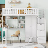 Merax Full Loft Beds Stairway Loft Bed Frame with Wardrobe, Desk, Bookshelf and Drawers, White Merax