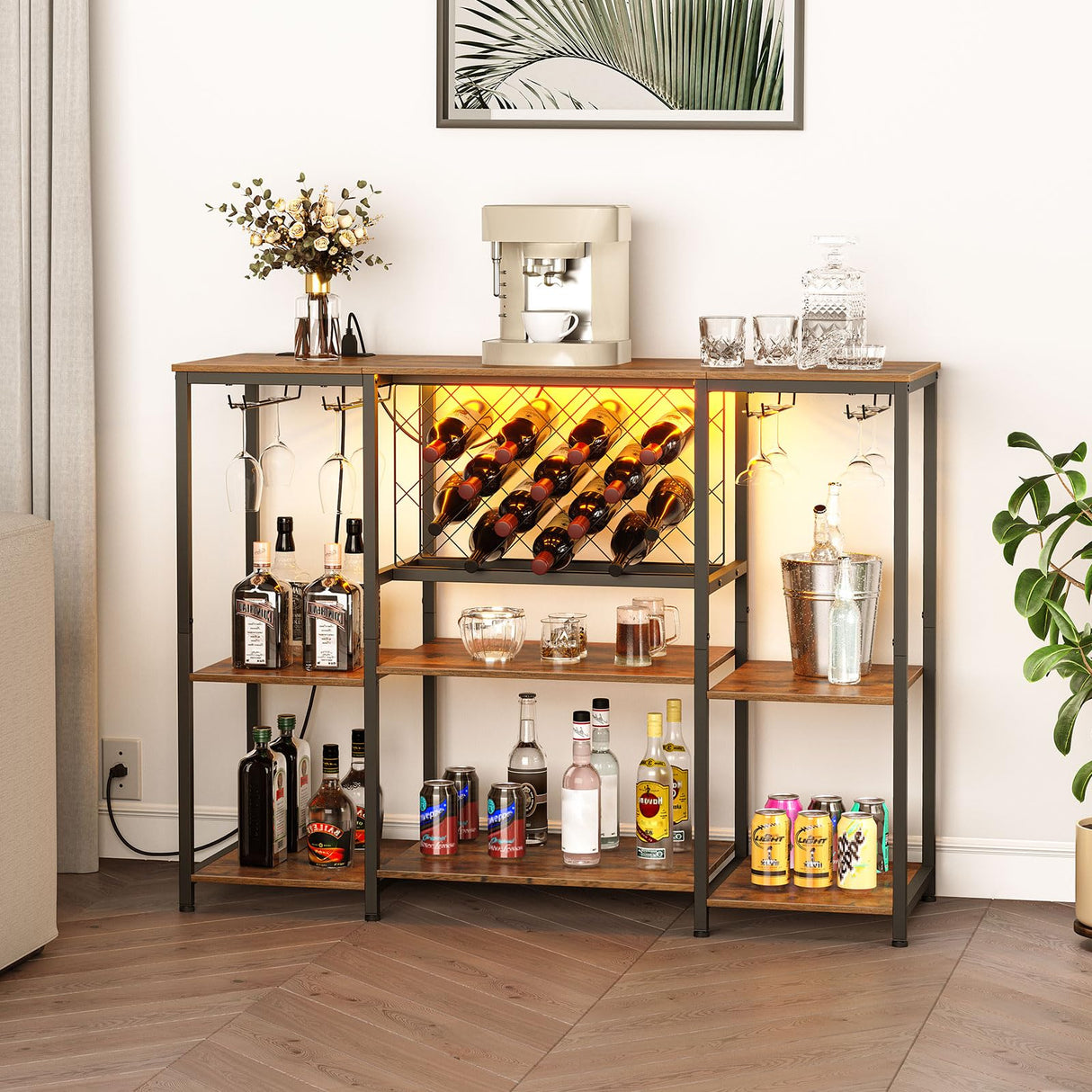 HOOBRO Wine Bar Cabinet with LED Light and Power Outlets, Wine Rack Table for Drinks and Glasses, Coffee Bar Cabinet with Wine Rack, for Kitchen, Dining Room, Rustic Brown and Black BF12UDJJ01 HOOBRO