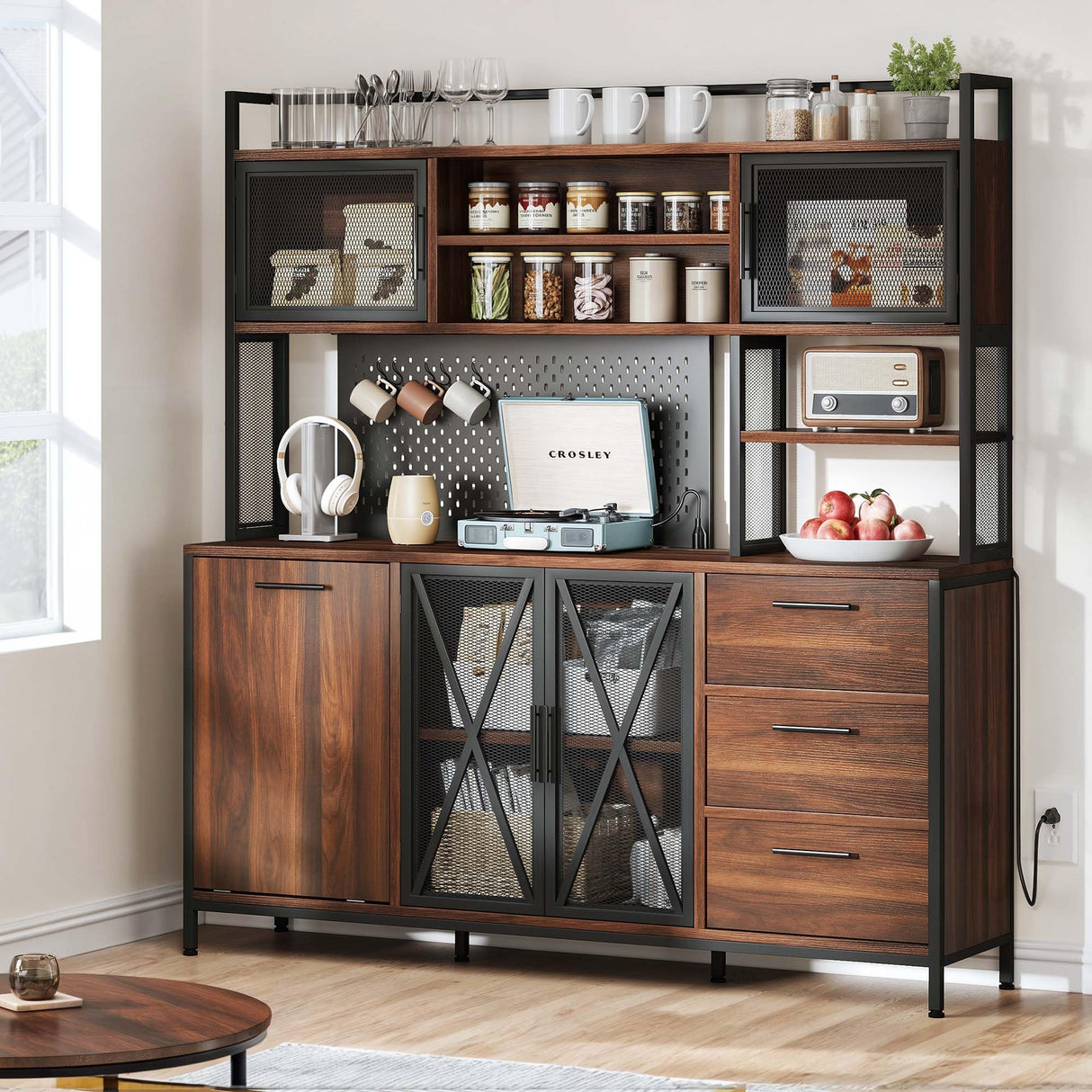 DWVO Kitchen Pantry Cabinet with Trash Can Cabinet, Large Microwave Stand w/Power Outlet, Kitchen Hutch Storage Cabinet Metal Frame Kitchen Cupboard, Rustic Brown, 63" W x 15.7" D x 69" H DWVO