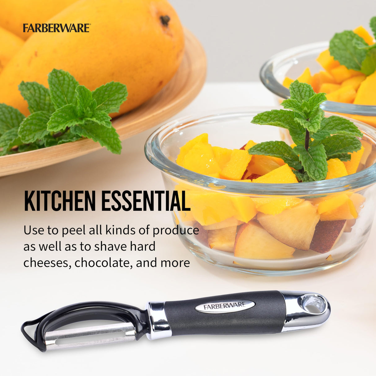 Farberware Euro Peeler, a Kitchen Essential for Quick and Easy Peeling of Produce, Chocolate, Cheeses and More. Features Hang-Hole for Easy Storage, Dishwasher Safe, Black Farberware