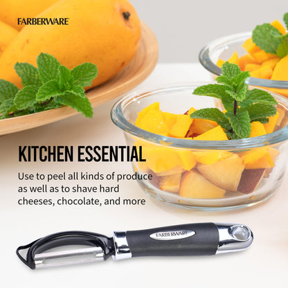 Farberware Euro Peeler, a Kitchen Essential for Quick and Easy Peeling of Produce, Chocolate, Cheeses and More. Features Hang-Hole for Easy Storage, Dishwasher Safe, Black