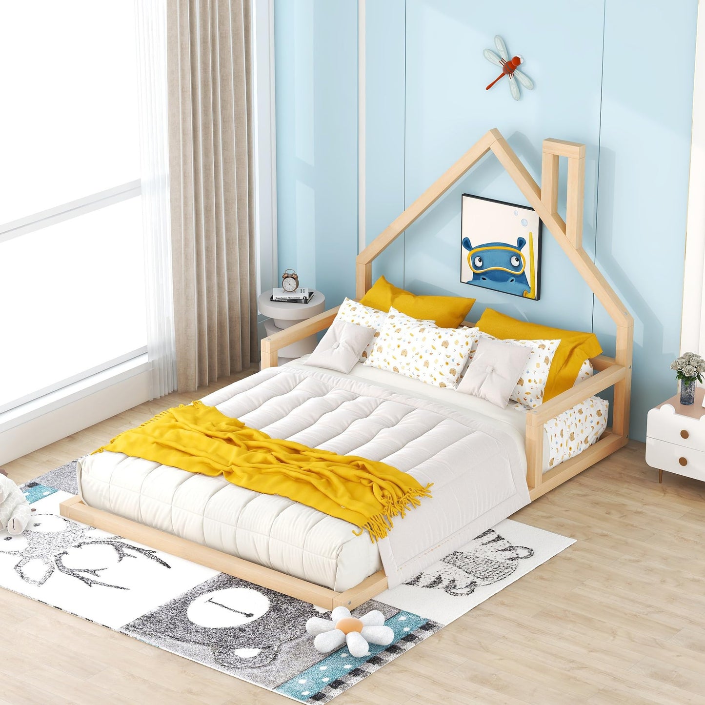 MERITLINE House-Shaped Full Size Floor Bed Frame for Kids – Stylish & Safe Wood Design - WoodArtSupply