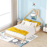 MERITLINE Natural Full Size Montessori Floor Bed with Unique House-Shaped Headboard MERITLINE