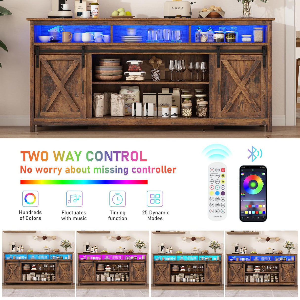 70" LED Farmhouse TV Stand for 80/75/70 Inch TVs,Tall Entertainment Center Storage Cabinets w/Power Outlets and Sliding Barn Door,Rustic TV Stands for Living Room,Media Console Cabinet (Brown) Hlivelood