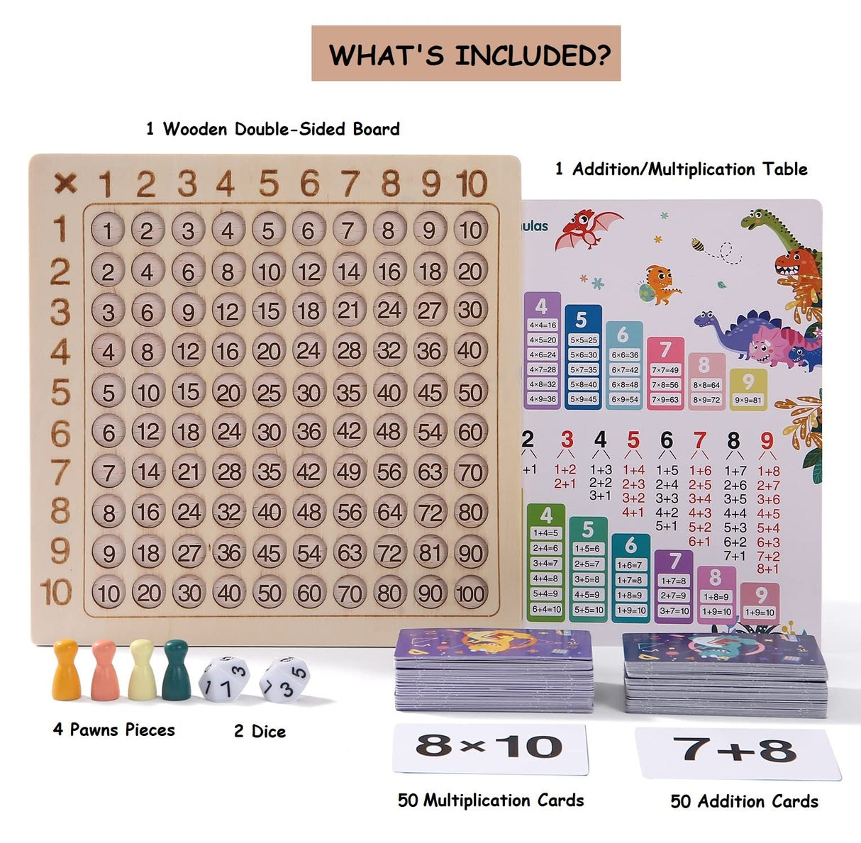 2 in 1 Multiplication Addition Math Board Game for Kids - Wooden Montessori Math Toys for Girls Boys 4 5 6 7 8 9 Years Old Wood Double Sided Board Table Dice Card Games for Family Cltoyvers