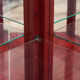 Lighted Corner Display Curio Cabinet Wooden Shelving Unit with Tempered Glass Door, Bar and Liquor Storage Area with 5 Shelves, Wine Cabinet with Curved Top Carving, Cherry CQSXDA