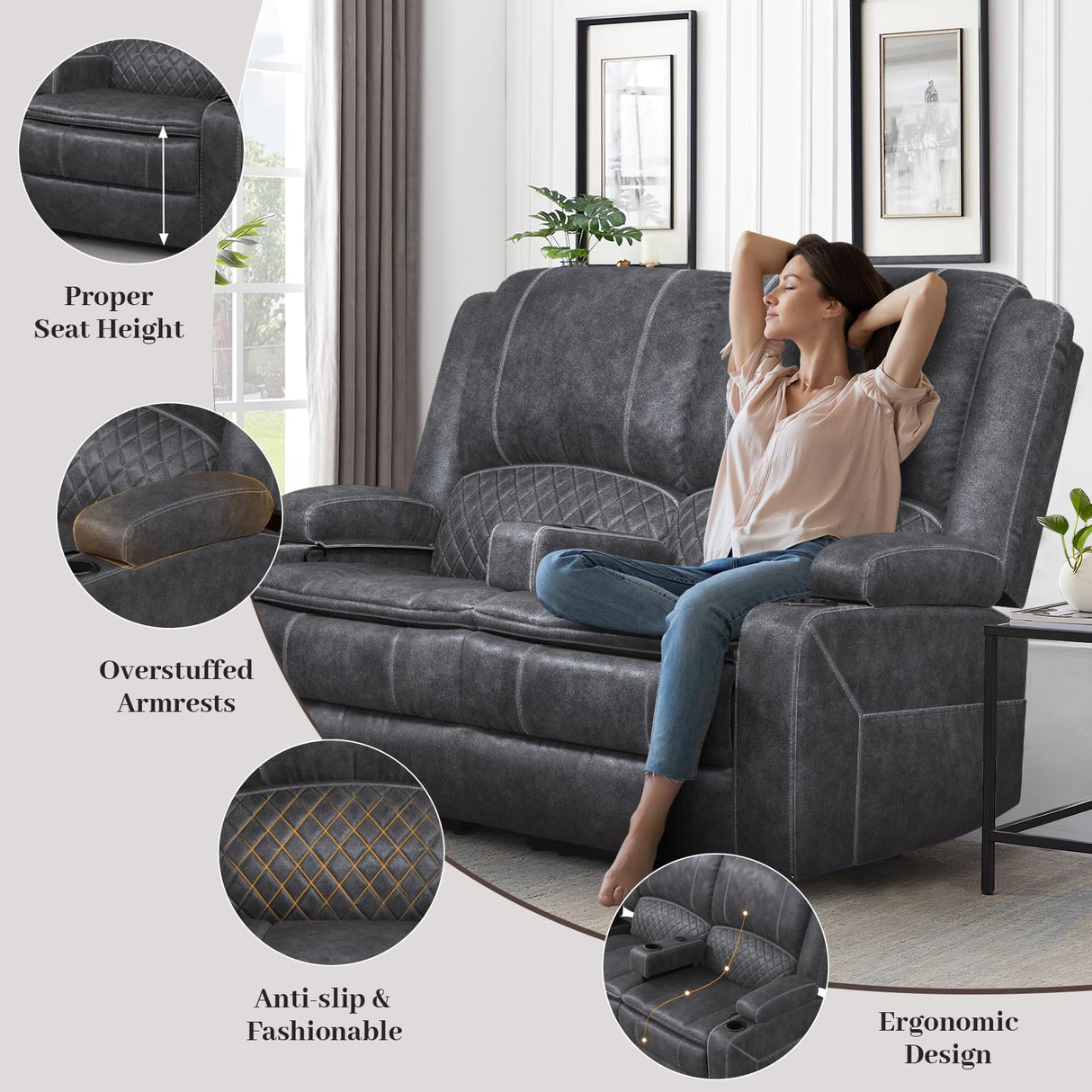 Yolsali Loveseat Recliner Sofa, Manual Reclining Loveseat with Removable Armrest, Dutch Velvet Recliner Loveseat for Adults with 2-Tier Cushions, USB Charging Ports, Cup Holders - Grey Yolsali