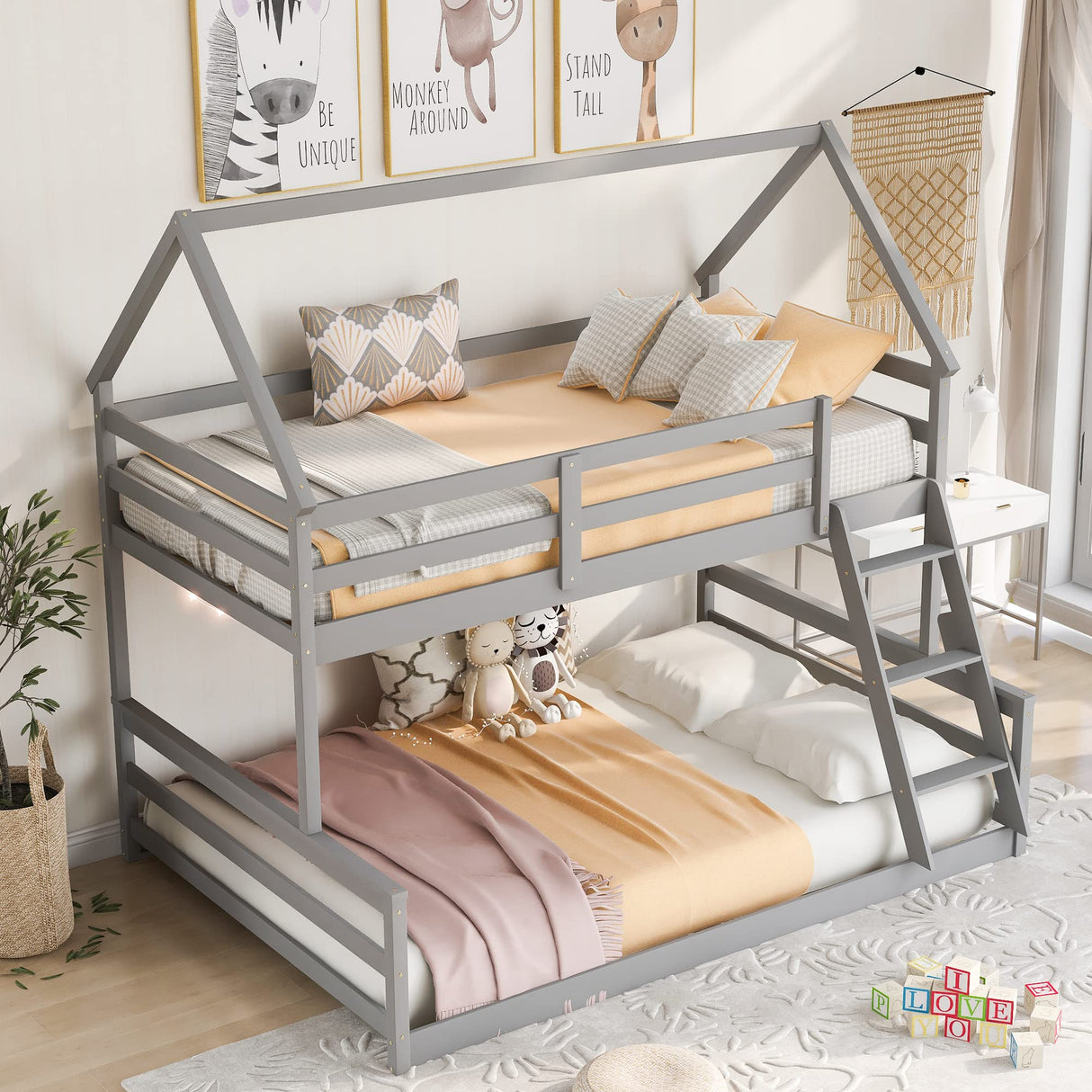 Merax House Floor Bunk Bed with Ladder Twin Over Full,Wood Low Bunk Bed for Kids Juniors, Space-Saving,No Box Spring Needed Gray Merax