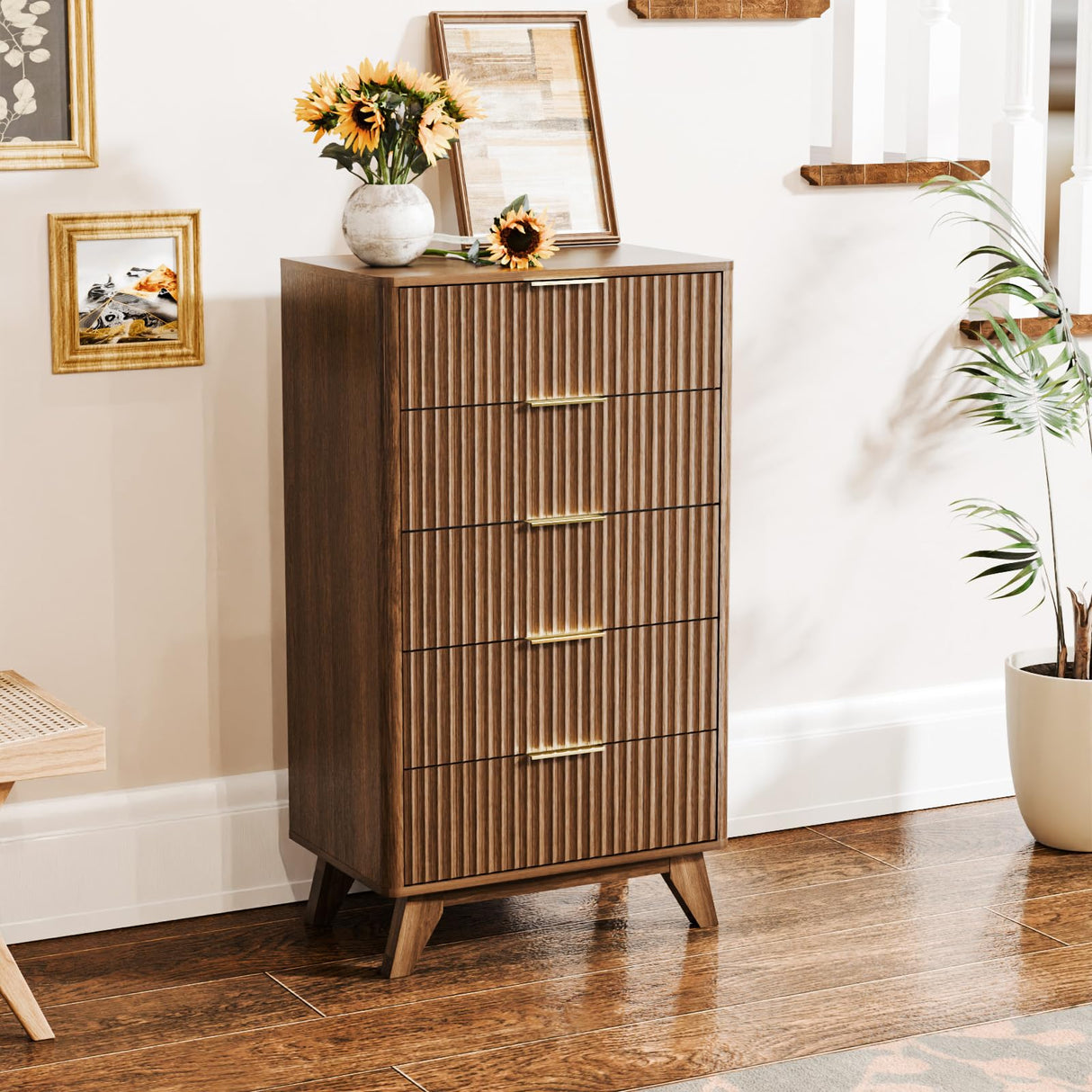VINGLI Fluted Tall Dresser 5 Drawer, 23.66" W Chest of Drawers, Walnut Wood Dresser for Bedroom Mid Century Modern with Rounded Edge, 23.66" W*15.59" D*44.88" H VINGLI