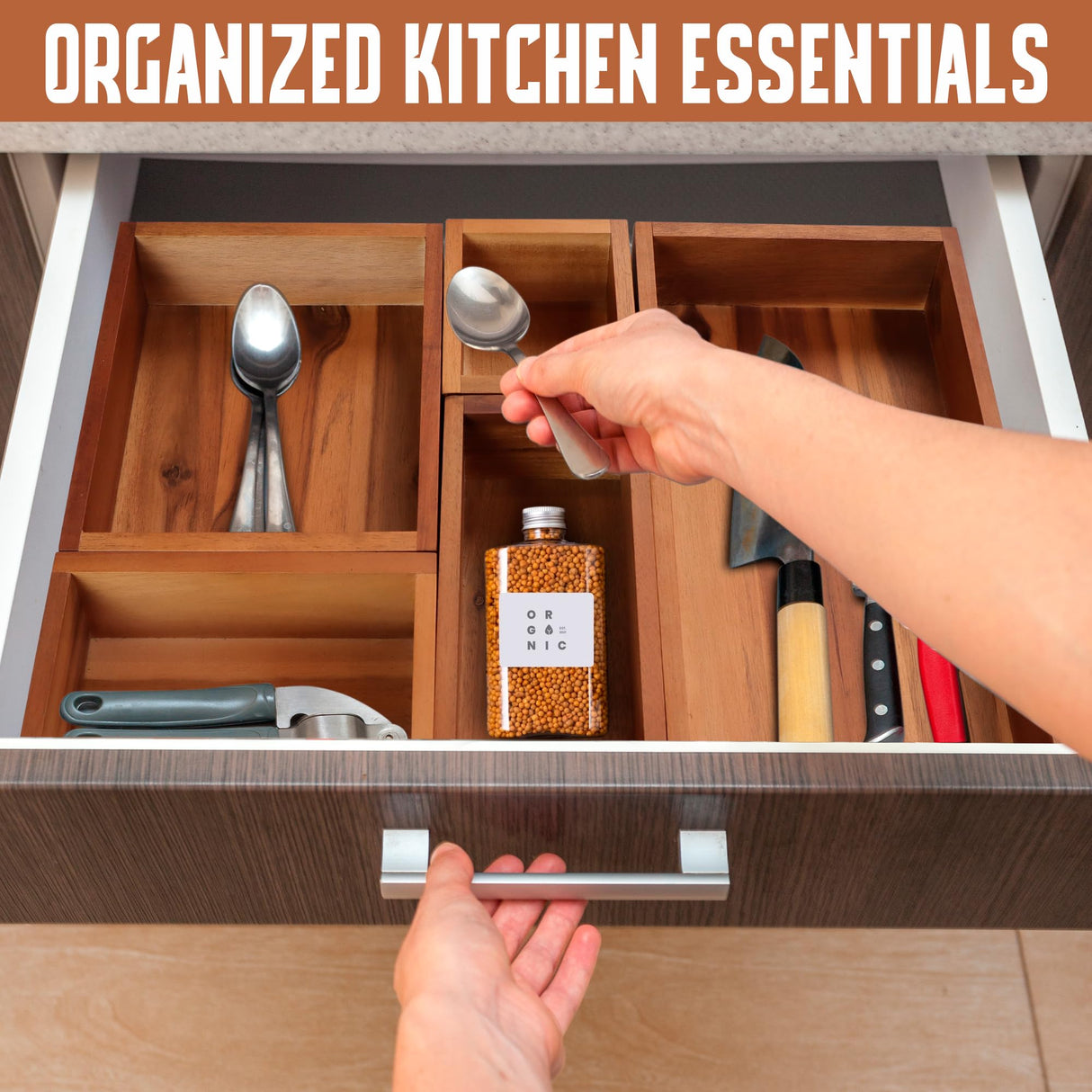 Demigo Acacia Drawer Organizer Set of 5, Cabinet Container Box, Wood Bin Set in Varied Sizes, Dividers Holder for Storage Cooking Utensils Spices Tea Bags Foods Office Items (Brown) Demigo