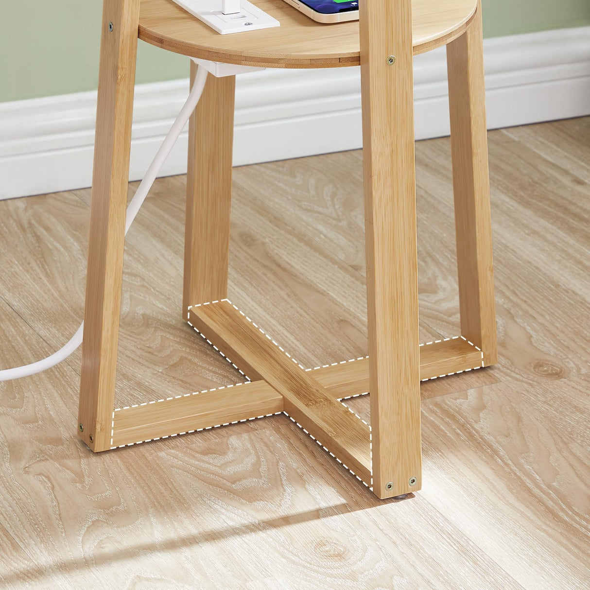 HOOBRO Set of 2 Round Side Tables with Charging Station, Round Accent End Table with Bamboo Legs for Living Room, Bedroom, White and Natural YW101UBZP201 HOOBRO