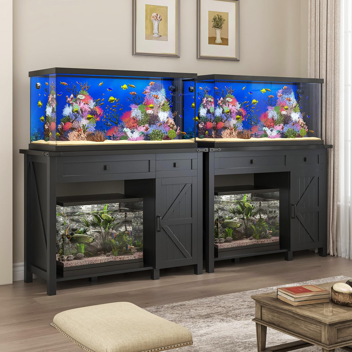 Saudism 40 Gallon Aquarium Stand With Charging Station, Farmhouse Fish Tank Stand, Reptile Tank Stand Terrarium Stand with Drawer and Cabinet Storage, Sturdy Heavy Duty 41.9"×18.3" Tabletop - Black Saudism