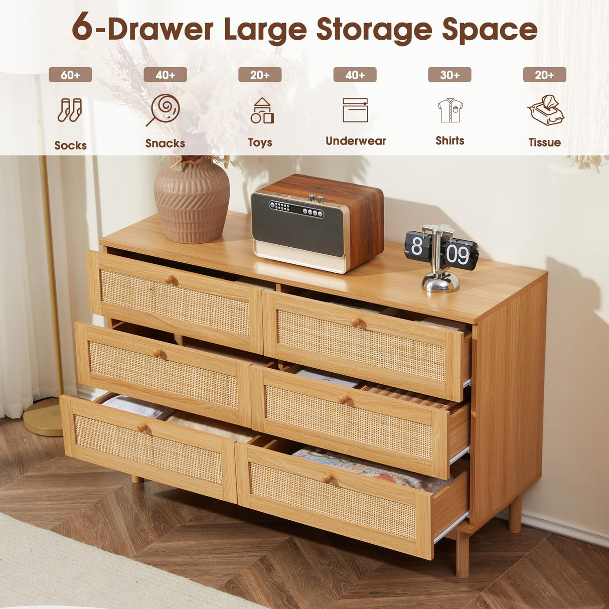 DHMAKER 6 Drawer Rattan Dresser for Bedroom, 48'' Modern Wooden Chest of Dressers with Spacious Storage, Beside Table for Closet, Entryway, Bedroom, Hallway, Living Room DHMAKER
