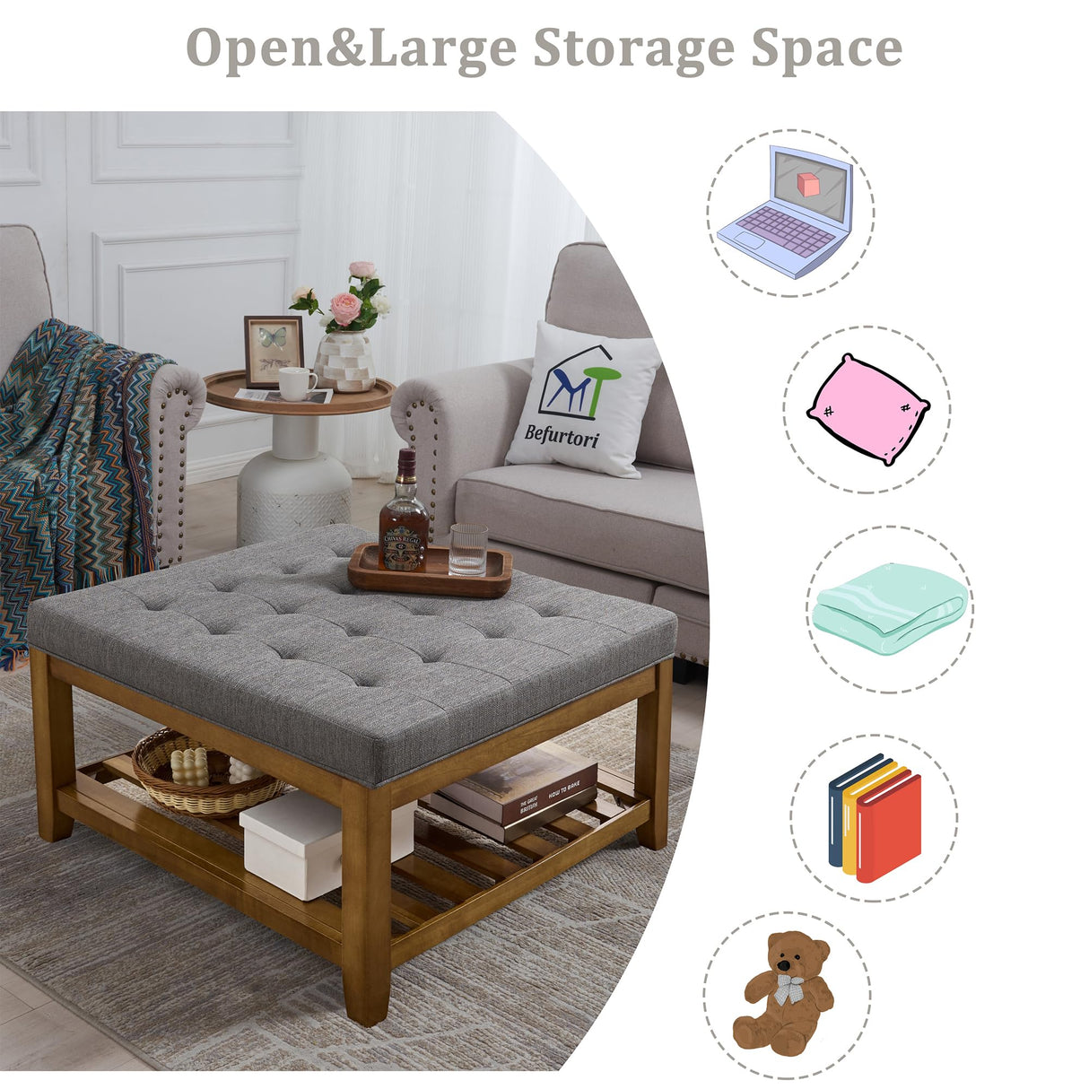 Befurtori Upholstered Coffee Table Tufted Linen Large Square Ottoman with Beech Wood Shelf and Frame, Oversized Footrest Ottoman for Living Room, Granite Befurtori