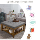 Befurtori Upholstered Coffee Table Tufted Linen Large Square Ottoman with Beech Wood Shelf and Frame, Oversized Footrest Ottoman for Living Room, Granite Befurtori
