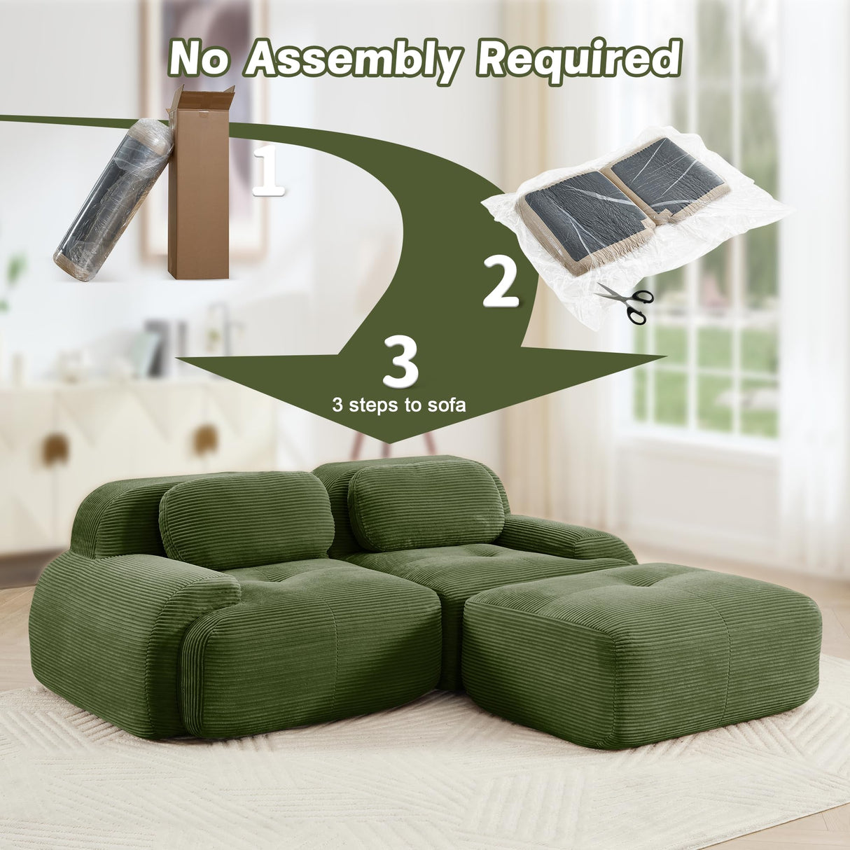 SoarFlash 81” Sectional Cloud Boneless Sofa Couches for Living Room-2 Seater L-Shaped Modern Lounge Couch-No Assembly Modular Corduroy Convertible Sponge Sleeper Sofas with Chaise for Home House,Green SoarFlash