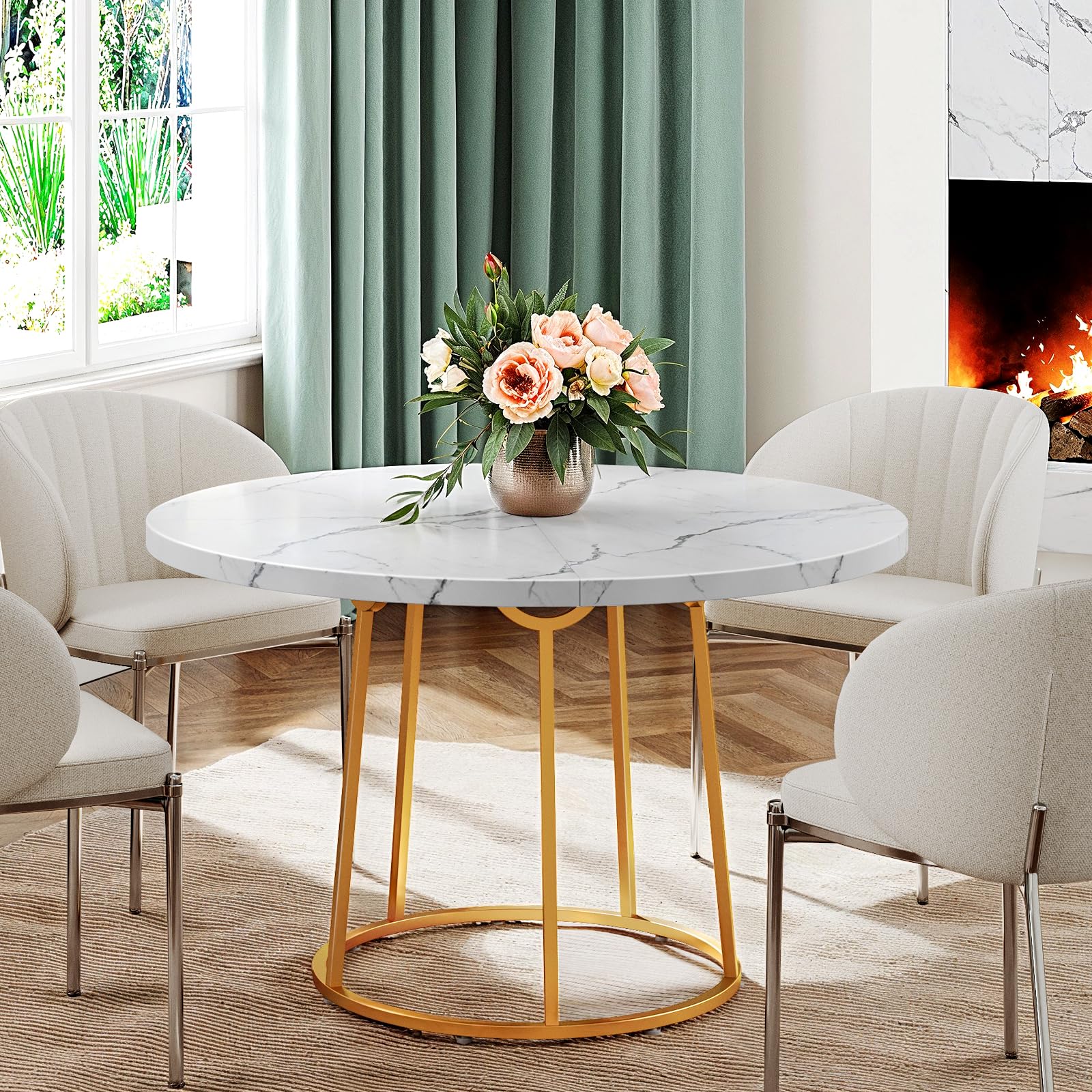 ONBRILL Round Dining Table, 47.24 Inch Kitchen Table for 4 People, Wooden Faux Marble Dinner Room Table with Gold Base for Home Dining Room Kitchen Restaurant - WoodArtSupply