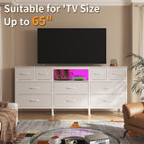 DrawXynth White Dresser for Bedroom with LED Lights and Power Outlets, 55" TV Stand with 10 Drawers & Open Shelves, Fabric Chest of Drawers with PU Finish, Metal Frame, Wood Top DrawXynth