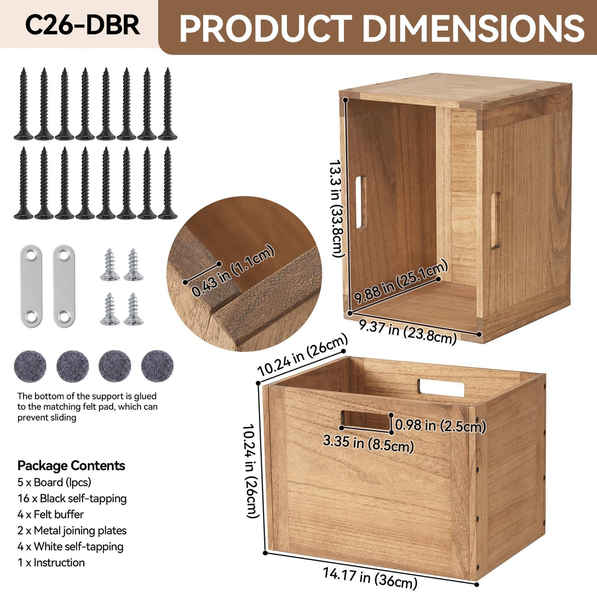 KIRIGEN Stackable Wood Storage Cube/Basket/Bins Organizer for Home Books Clothes Toy Modular Open Cubby Storage System - Office Cubical Bookcase Closet Shelves C26-DBR KIRIGEN
