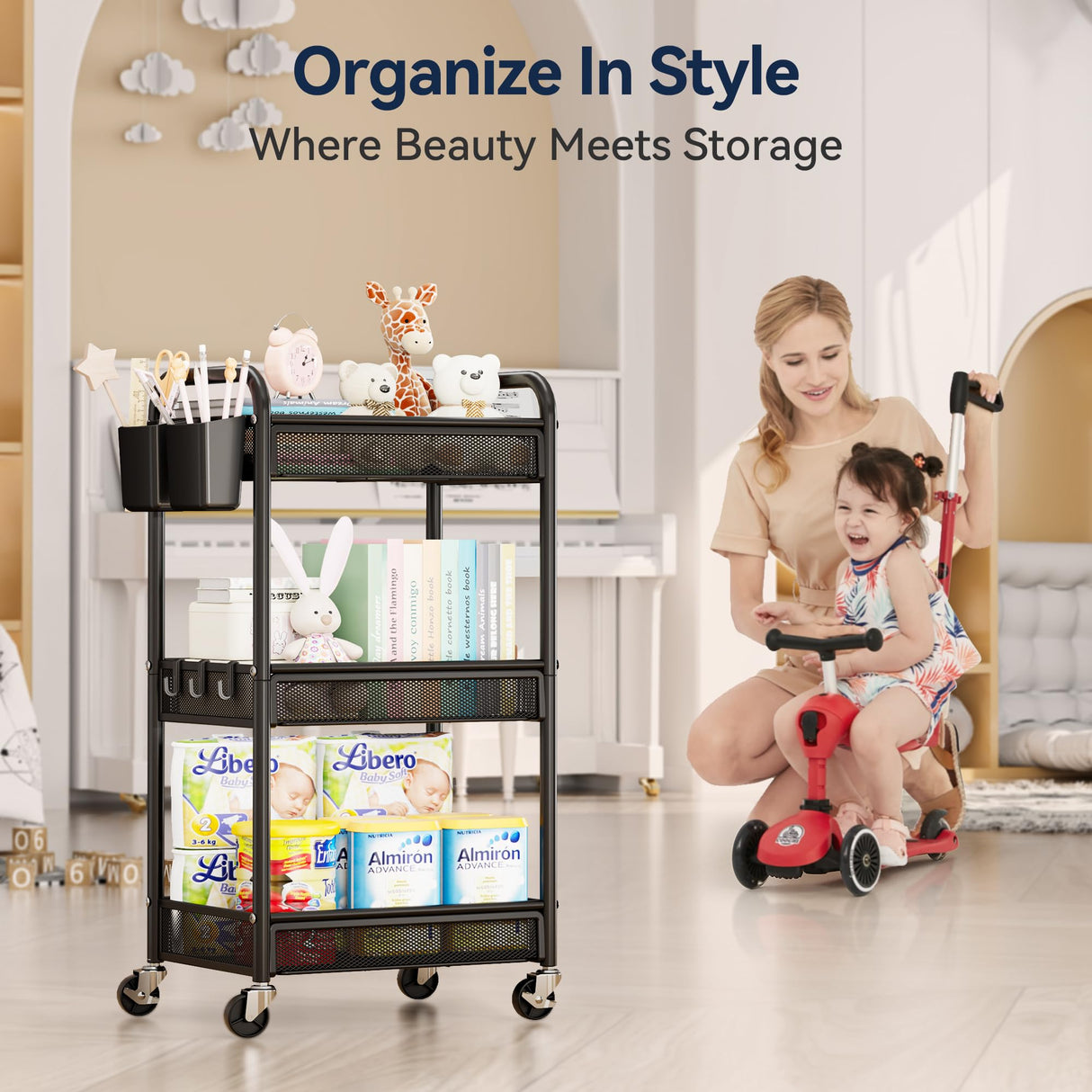 YASONIC 3 Tier Rolling Cart – Metal Utility Storage Cart with Wheels, Craft Cart Organizer with Hanging Cups, Hooks, Mesh Basket for Bedside Kitchen Office Art, Black YASONIC