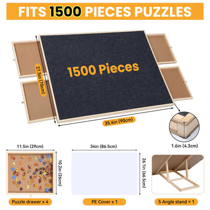 1500 Piece Wooden Jigsaw Puzzle Board with 5-Adjustable-Angle Stand 4 Large Drawers 35”X 27” Protable Puzzle Table|Felt Surface and Translucent Cover Mat,Portable Puzzle Tables for Adults and Kids