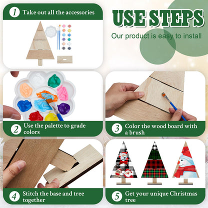 Soaoo 8 Pcs Christmas Standing Wood Pallet Christmas Tree Unfinished DIY Wooden Ornaments Kit Rustic Wooden Crafts 12 Colors Pigment Palettes and Paint Brushes(11.81 x 7.48 Inch)