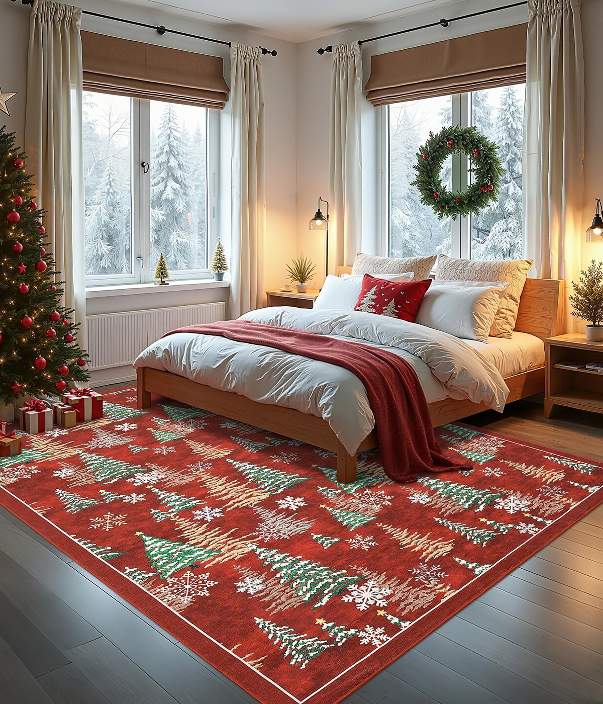 GarveeHome Red 8x10 Christmas Rug Living Room Rug Non Slip Washable Stain Resistant 8x10 Washable Rugs Christmas Tree Snow Print Low Pile Soft Holiday Decor Carpet for Bedroom Laundry Room GarveeHome