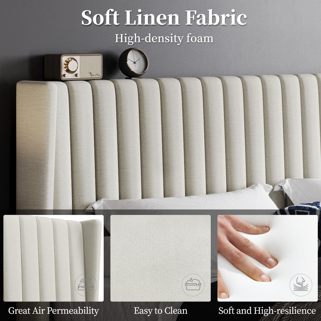 Yaheetech King Bed Frame Upholstered Platform Bed with Fabric Headboard, Wing Edge Design/Non-Slip and Noise-Free/Wooden Slats Support/No Box Spring Needed/Easy Assembly, Beige King Bed Yaheetech