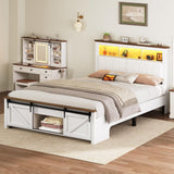 Farmhouse Full Size Bed Frame with Sliding Barn Door and Storage Bookcase, PU Leather Headboard with Charging Station and LED Light, Arc-Shaped Slats, No Box Spring Needed, No Noise, White and Walnut RALGEND