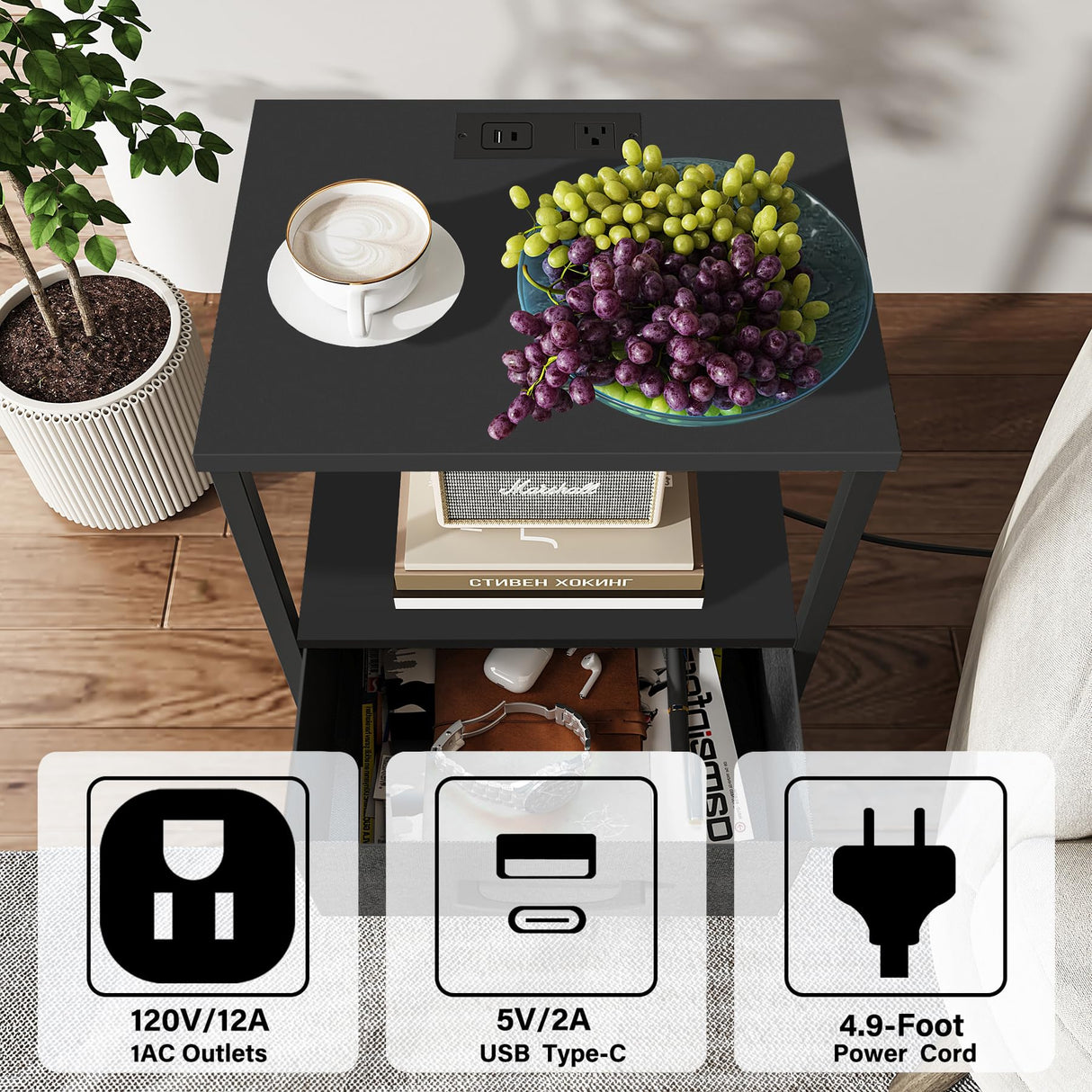 TUTOTAK End Table, Side Table with Charging Station, Nightstand Set of 2, Bedside Table with Fabric Drawer, Couch Table for Livingroom and Bedroom, Black TB01BK0692 TUTOTAK