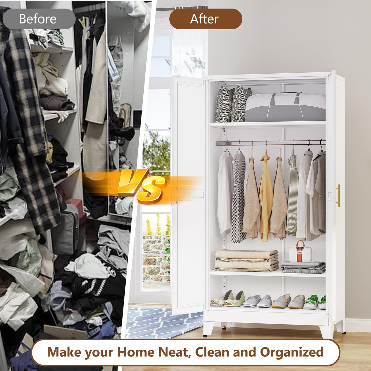 pozdeg 71" Metal Armoire Wardrobe Closet, Tall Clothing Storage Cabinet with Hanging Rods, Household Closet Organizers with Adjustable Shelves for Home Office or Gym (White) pozdeg