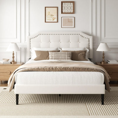 HAOARA Queen Size Bed Frame, Queen Size Platform Bed Frame with Upholstered Button Tufted Headboard, Strong Wood Slats, No Box Spring Needed, Mattress Foundation, Easy Assembly Beige