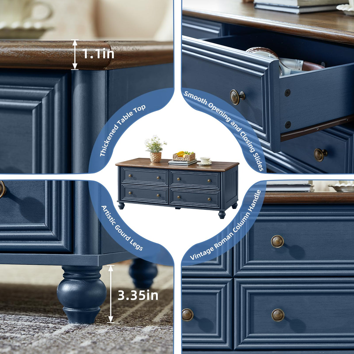 RWYHG 48" Farmhouse Coffee Table with Hidden Storage,Wooden Coffee Tables with 4 Drawers & Roman Column Handle,Rectangular Rustic Center Table with Solid Wood Curved Legs for Living Room,Office,Blue RWYHG