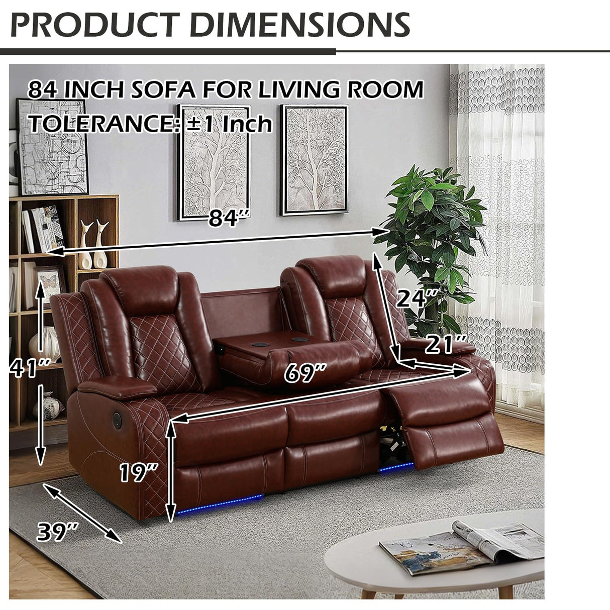 SIENWIEY Power Recliner Sofa Set with LED Lights, Leather Reclining Sofa Set for Living Room, Leather Couch Set with USB Charging，Burgundy，Sofa+Loveseat+Chair 3 Pieces SIENWIEY