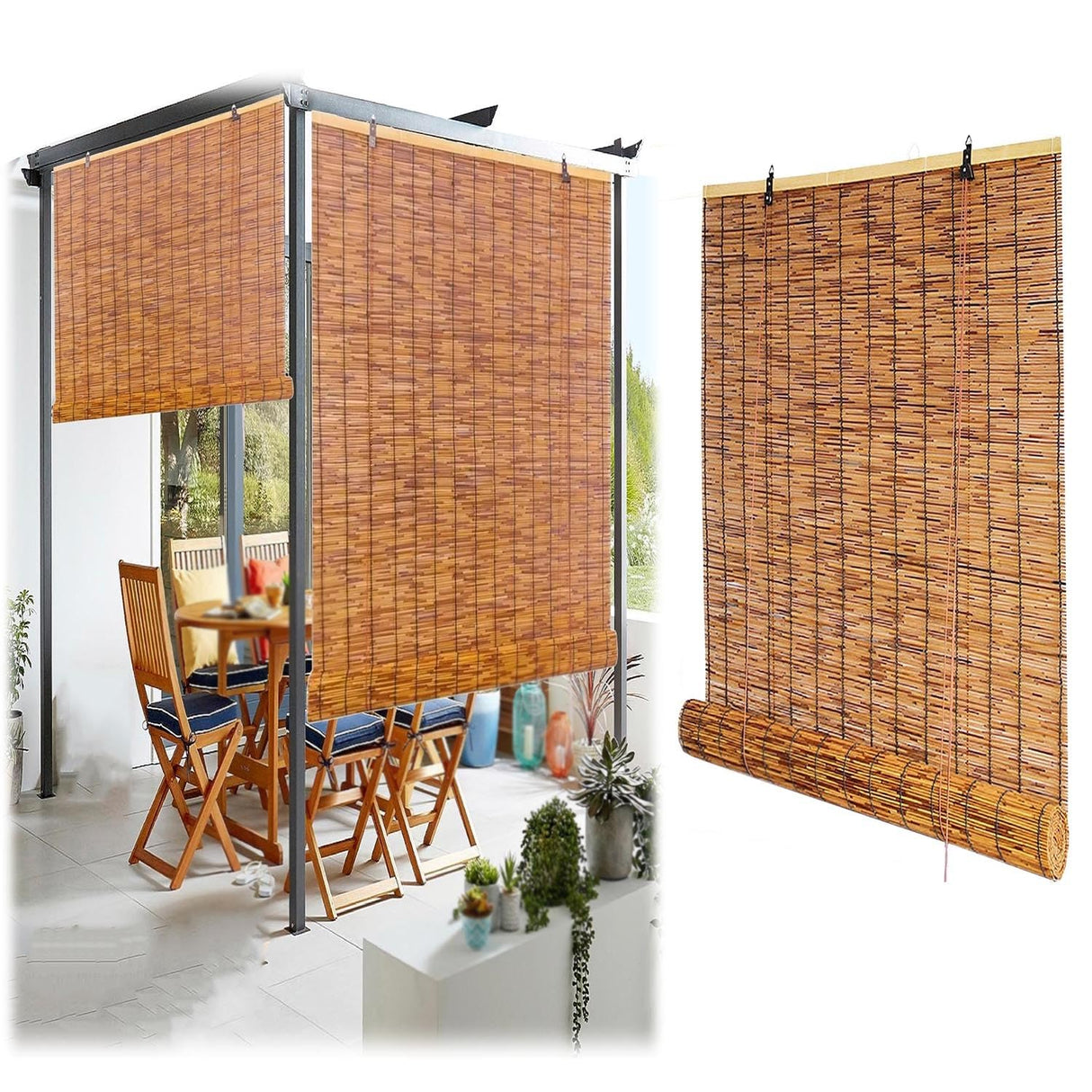 DISPRA Outdoor Light-Filtering Bamboo Roller Blind, Blackout Bamboo Blinds for Interior Windows 84"" 72"" 34"" 23"" 35"" 43"" 56"" 68"" Cordless Patio Roll up Shades for Porch Privacy Screen DISPRA