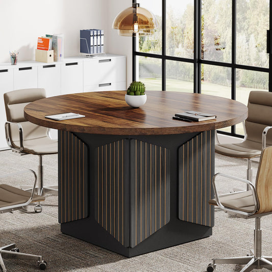 Tribesigns 47" Round Conference Table, Round Multi-Purpose Meeting Table, Reception Negotiation Table for 4, Small Business Training Seminar Table for Office Conference Room (Brown + Black) - WoodArtSupply