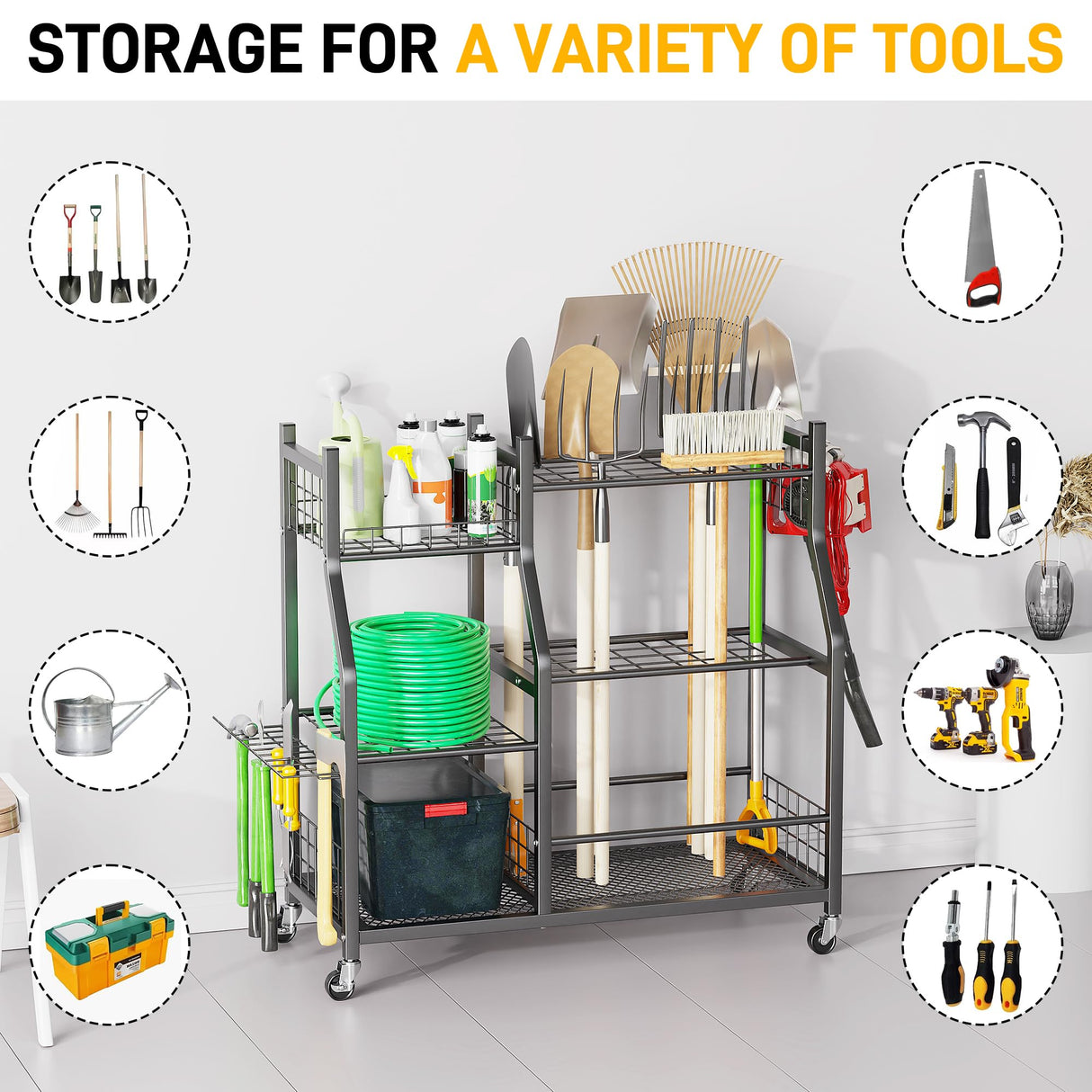 Ultrawall Garden Tool Organizer, Yard Tool Storage Rack for Garage Organization with Lockable Wheels, Garden Tool Stand for Rake, Brooms, Indoor & Outdoor Use Ultrawall