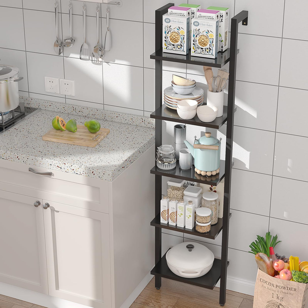 YMYNY Industrial 5-Tier Wall-Mounted Ladder Bookcase - Black Wooden Storage Shelves YMYNY