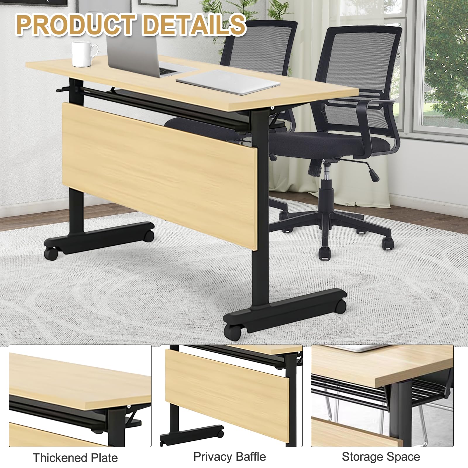 Folding Conference Table, 55.1in Conference Room Table Flip Top Mobile Training Table with Wheels, Modern Rectangle Foldable Meeting Seminar Tables for Home Office Class 55.1" D x 21.6" W x 2 - WoodArtSupply