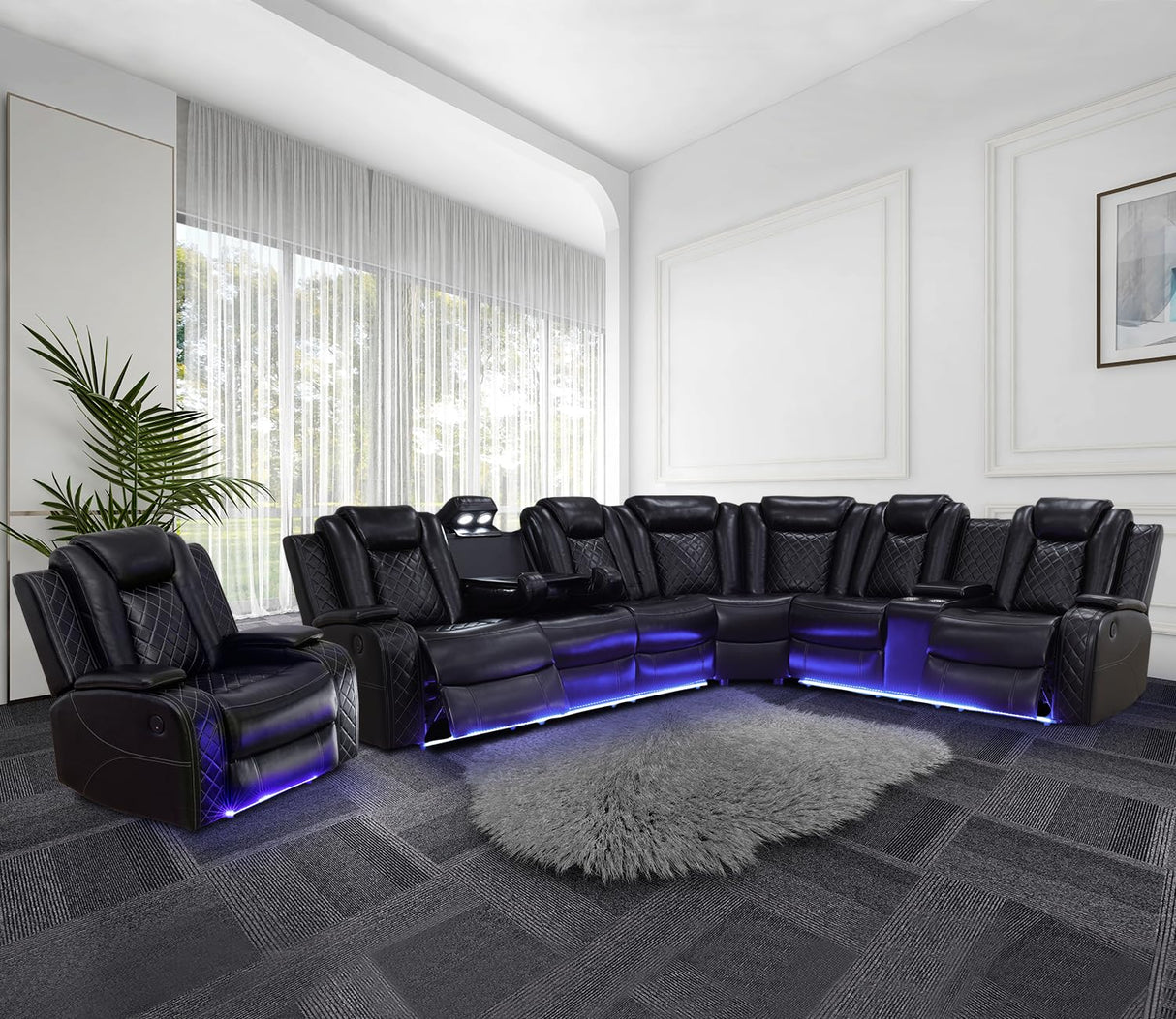 Power Recliner Sofa Sectional Couches with LED Light for Living Room,Leather Reclining Corner Sectional Sofa Set with 3 Recliner Seats,Cup Holder,Storage Console for House/Home Theater, Black Caberryne