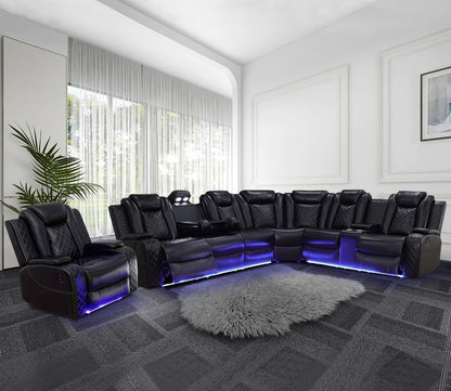 Power Recliner Sofa Sectional Couches with LED Light for Living Room,Leather Reclining Corner Sectional Sofa Set with 3 Recliner Seats,Cup Holder,Storage Console for House/Home Theater, Black