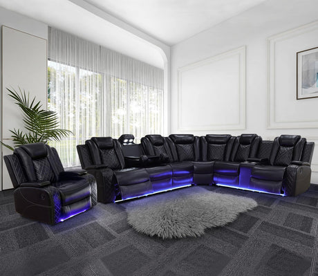 Power Recliner Sofa Sectional Couches with LED Light for Living Room,Leather Reclining Corner Sectional Sofa Set with 3 Recliner Seats,Cup Holder,Storage Console for House/Home Theater, Black Caberryne