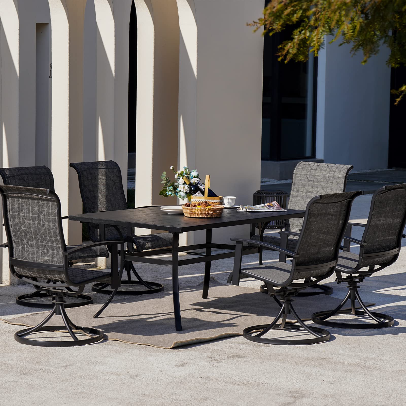 Grand patio Outdoor Dining Set for 6, Patio Dining Set with 6-Piece Mesh Sling Rocking Chairs, 1-Piece Large Rectangular Woodgrain Dining Table with Umbrella Hole, Black & Grey Plaid - WoodArtSupply