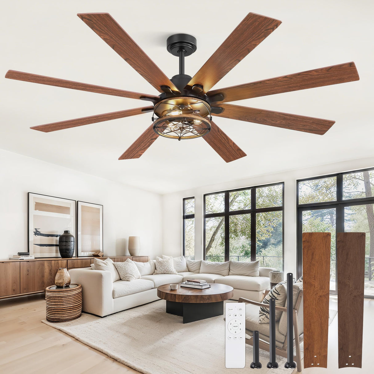 Glowivia 65 Inch Ceiling Fans with Lights, Farmhouse Ceiling Fan with Lights and Remote, Dual Finish 8 Blades Black Caged Rustic Ceiling Fans with 6 Speed Reversible Motor for Indoor/Covered Outdoor Glowivia