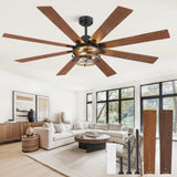 Glowivia 65 Inch Ceiling Fans with Lights, Farmhouse Ceiling Fan with Lights and Remote, Dual Finish 8 Blades Black Caged Rustic Ceiling Fans with 6 Speed Reversible Motor for Indoor/Covered Outdoor Glowivia