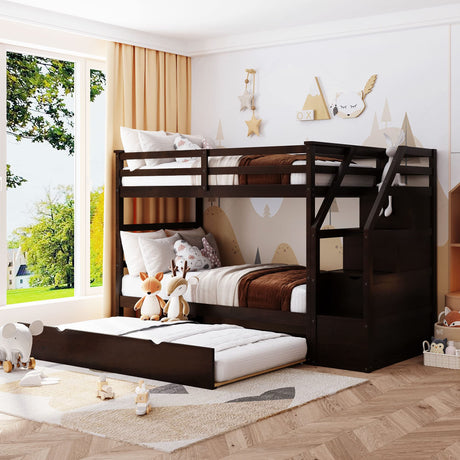Harper & Bright Designs Twin Over Twin Bunk Beds with Trundle,Wooden Twin Size Bunk Bed Frame with Stairs, Kids Bunk Bed with Storage for Family,Teens,No Box Spring Needed,Espresso Harper & Bright Designs