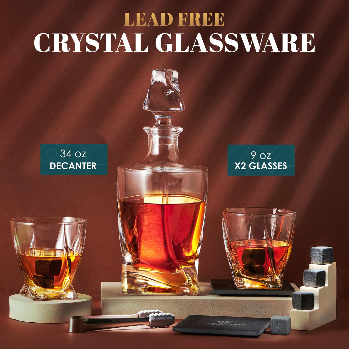 Whiskey Decanter Set by Royal Reserve – Whiskey Gift Set - Twisted Bourbon Decanter 34 oz 1000 ml with Glasses, Whiskey Stones, Coasters, Tongs – Whiskey Gifts for Men, Husband, Dad Christmas Royal Reserve