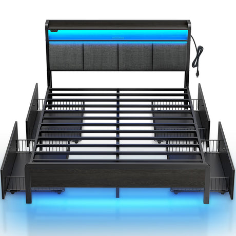 Rolanstar Bed Frame Full Size with Charging Station and LED Lights, Upholstered Storage Headboard with Drawers, Heavy Duty Metal Slats, No Box Spring Needed, Noise Free, Easy Assembly, Dark Grey Rolanstar