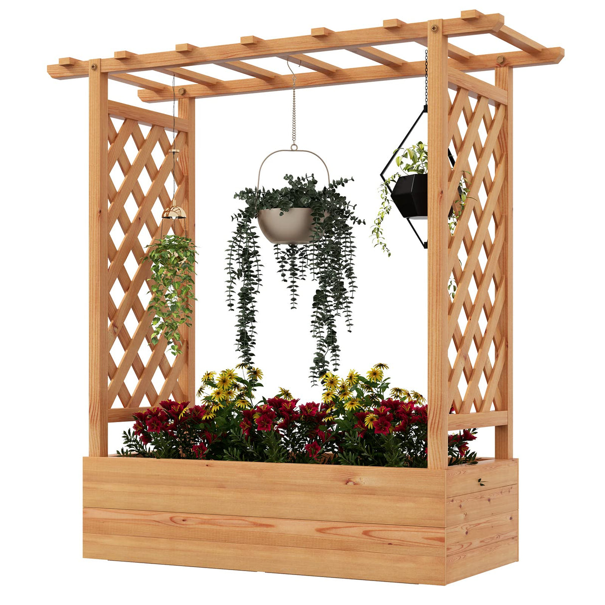 HAPPYGRILL Raised Garden Bed with Trellis, Freestanding Garden Planter Box with Side & Top Trellis, Drainage Holes, Wooden Planter Raised Bed for Vine Climbing Plants, Vegetables, Flowers, Herbs HAPPYGRILL